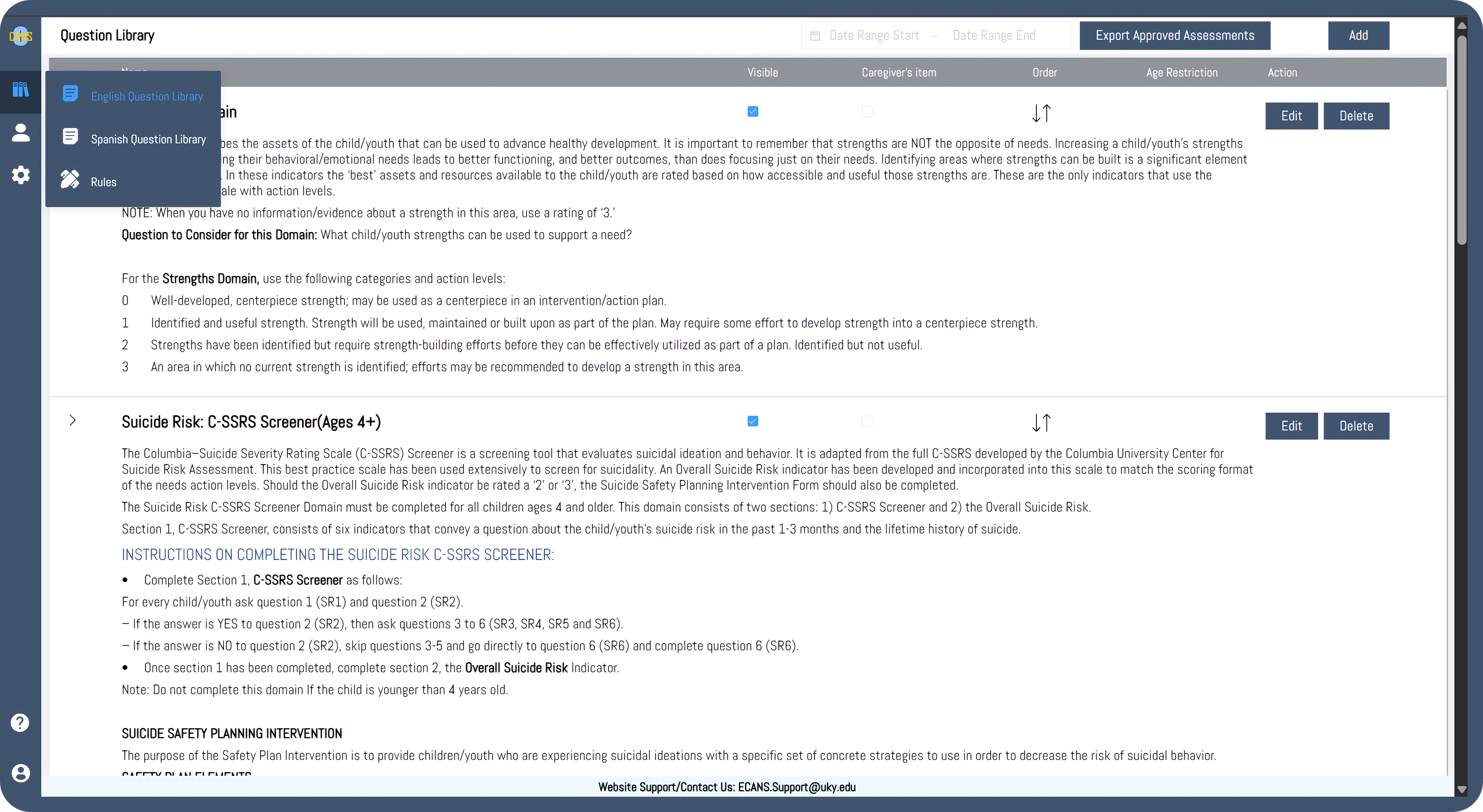 eCANS Question Library configuration screen
